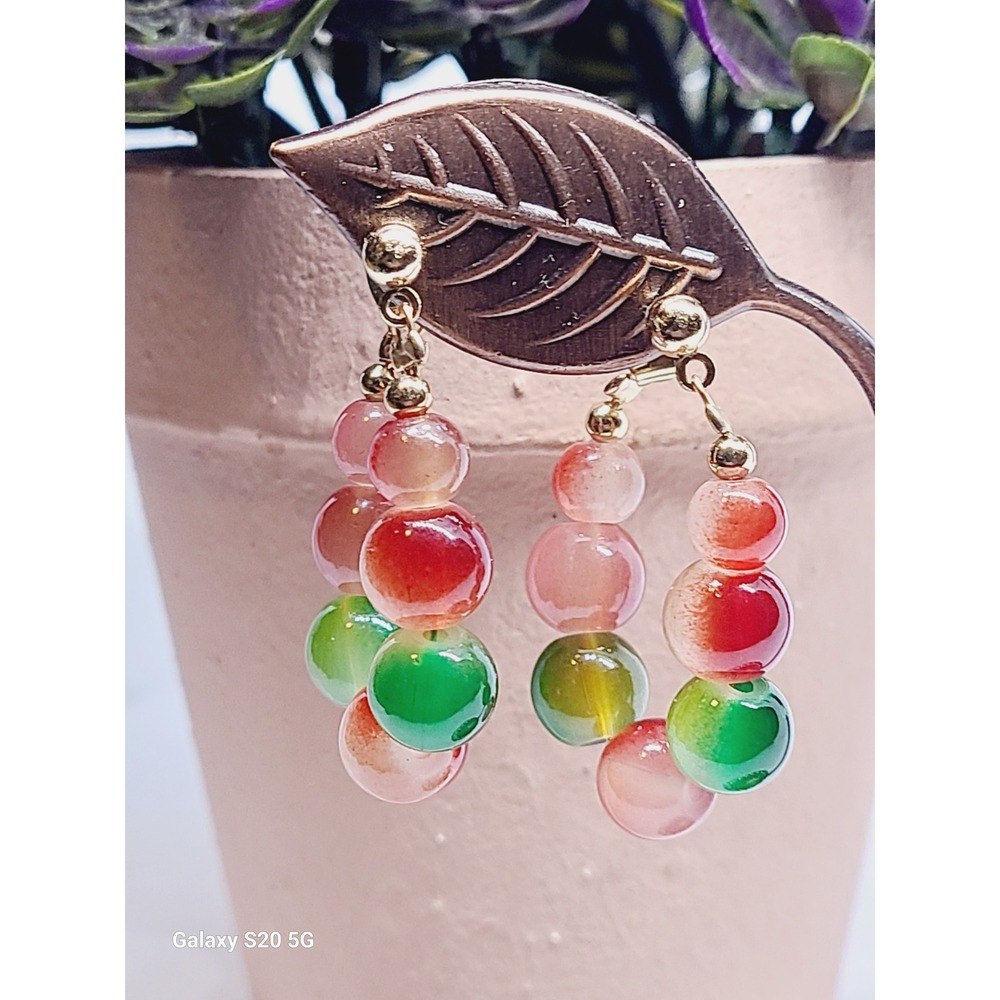 Red and Green Agate Bead Gold Tone Hoop Post‎ Earrings Bohemian Gemstone Jewelry